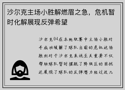 沙尔克主场小胜解燃眉之急，危机暂时化解展现反弹希望