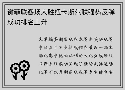 谢菲联客场大胜纽卡斯尔联强势反弹成功排名上升