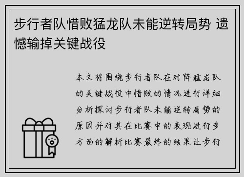 步行者队惜败猛龙队未能逆转局势 遗憾输掉关键战役