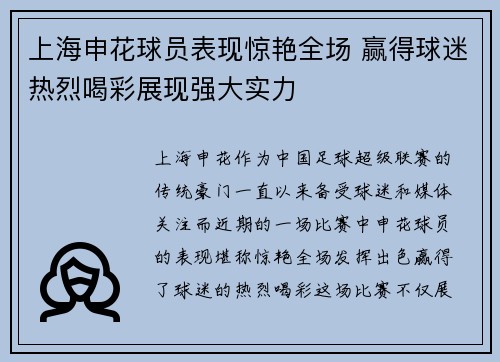 上海申花球员表现惊艳全场 赢得球迷热烈喝彩展现强大实力