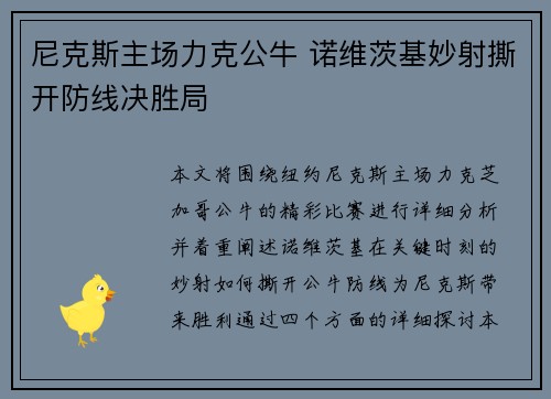 尼克斯主场力克公牛 诺维茨基妙射撕开防线决胜局
