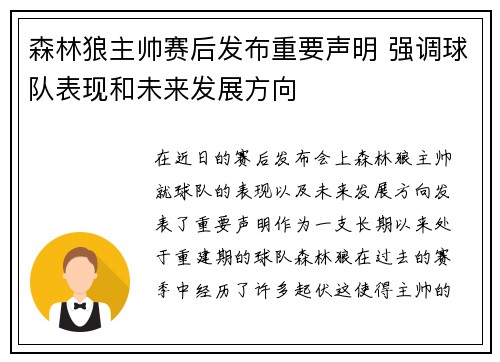 森林狼主帅赛后发布重要声明 强调球队表现和未来发展方向