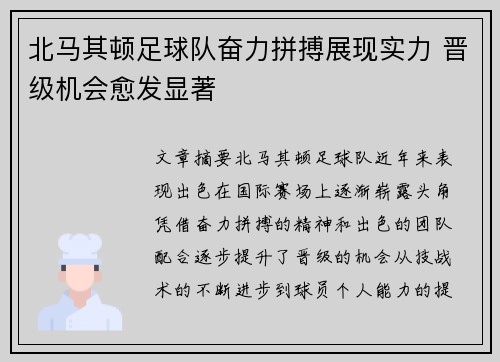 北马其顿足球队奋力拼搏展现实力 晋级机会愈发显著