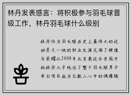 林丹发表感言：将积极参与羽毛球晋级工作，林丹羽毛球什么级别