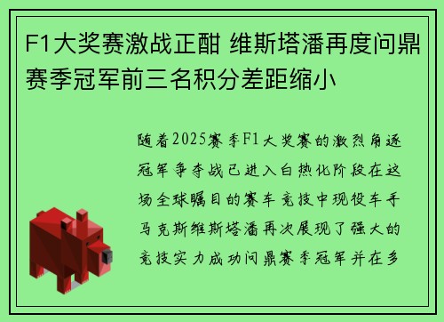 F1大奖赛激战正酣 维斯塔潘再度问鼎赛季冠军前三名积分差距缩小