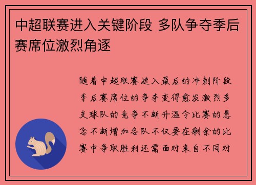 中超联赛进入关键阶段 多队争夺季后赛席位激烈角逐