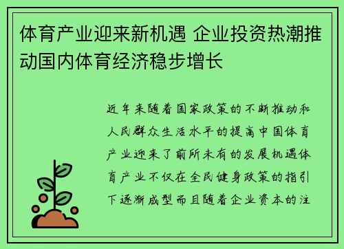 体育产业迎来新机遇 企业投资热潮推动国内体育经济稳步增长