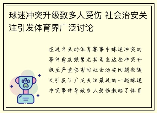 球迷冲突升级致多人受伤 社会治安关注引发体育界广泛讨论